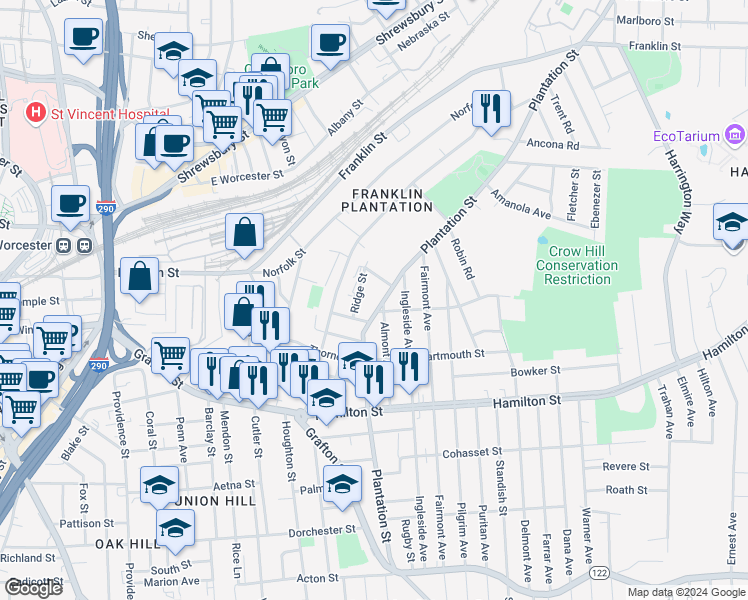 map of restaurants, bars, coffee shops, grocery stores, and more near 18 Ridge Street in Worcester