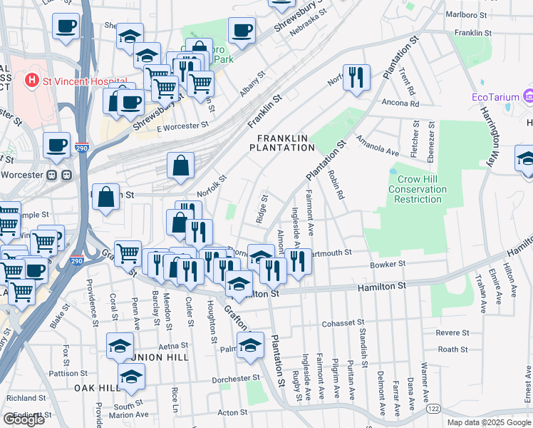 map of restaurants, bars, coffee shops, grocery stores, and more near 18 Ridge Street in Worcester
