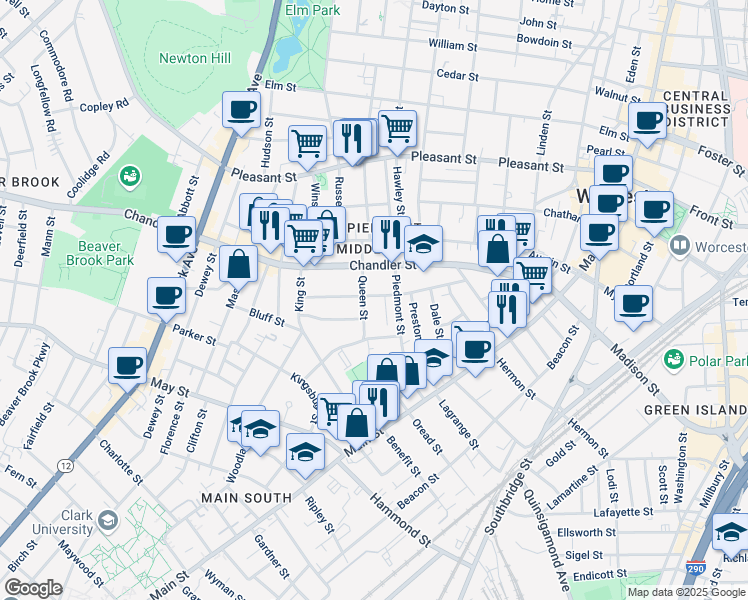 map of restaurants, bars, coffee shops, grocery stores, and more near 37 Jaques Avenue in Worcester