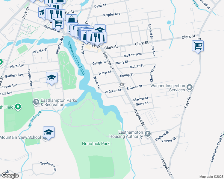 map of restaurants, bars, coffee shops, grocery stores, and more near 3 West Green Street in Easthampton