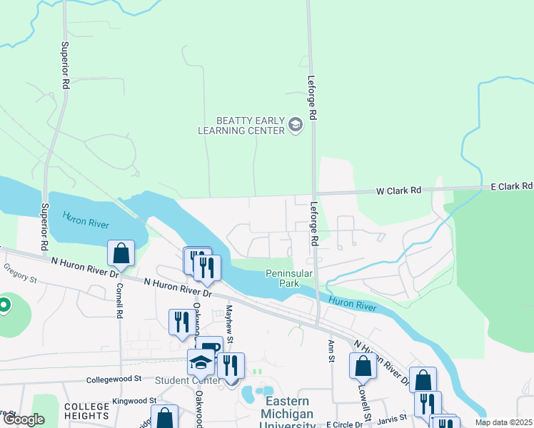 map of restaurants, bars, coffee shops, grocery stores, and more near 845 West Clark Road in Ypsilanti