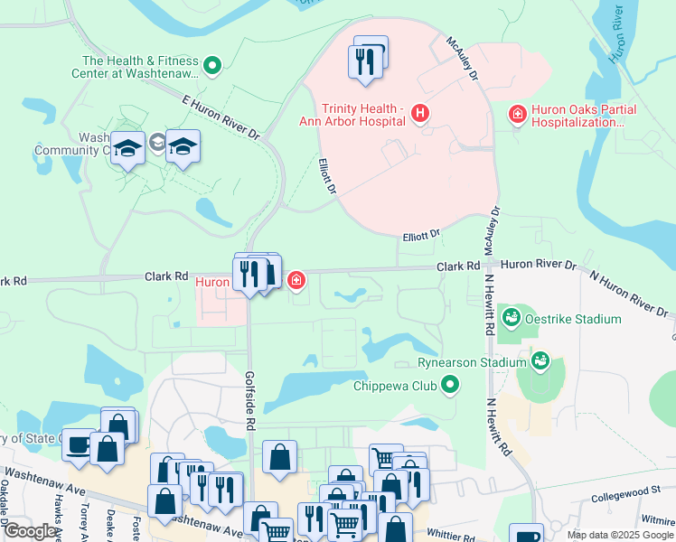 map of restaurants, bars, coffee shops, grocery stores, and more near 1476 West Chateau Vert in Ypsilanti