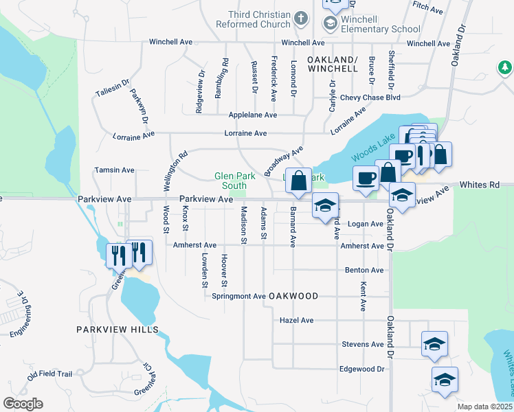 map of restaurants, bars, coffee shops, grocery stores, and more near 2623 Parkview Avenue in Kalamazoo