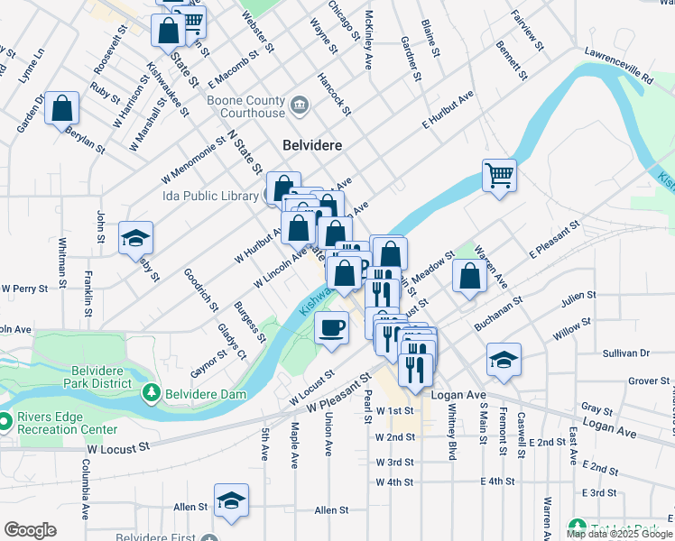 map of restaurants, bars, coffee shops, grocery stores, and more near 106 North State Street in Belvidere