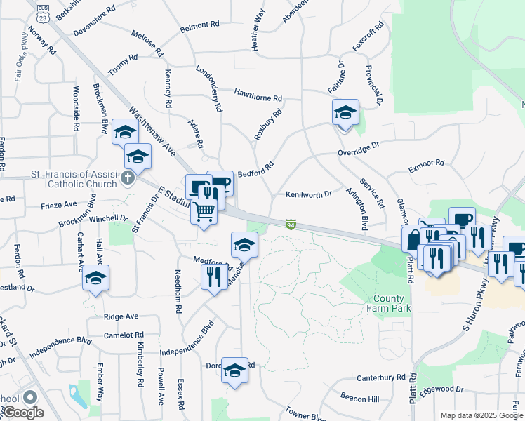 map of restaurants, bars, coffee shops, grocery stores, and more near 1790 Sheridan Drive in Ann Arbor