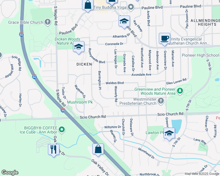 map of restaurants, bars, coffee shops, grocery stores, and more near 1711 Glastonbury Road in Ann Arbor