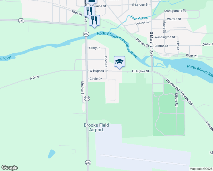 map of restaurants, bars, coffee shops, grocery stores, and more near 1026 Rose Street in Marshall