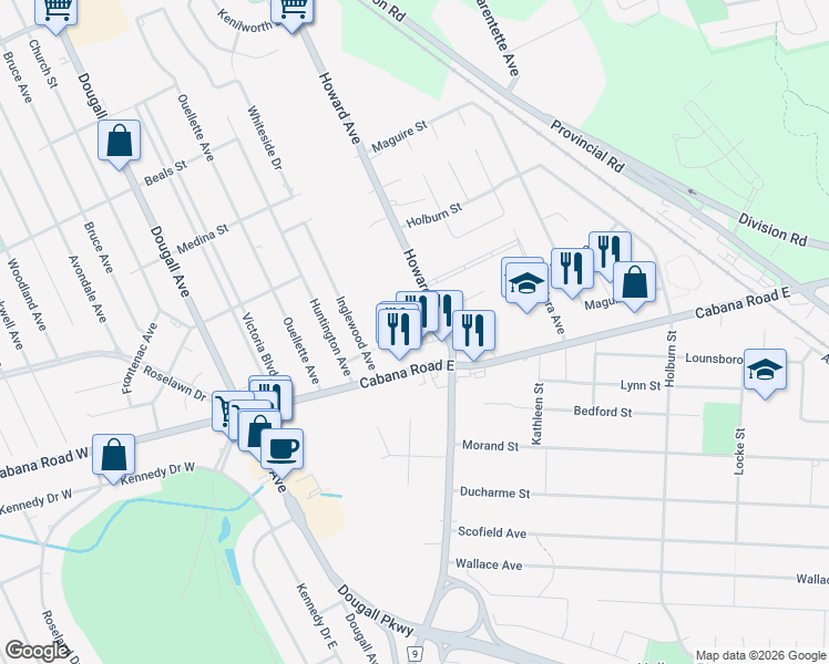 map of restaurants, bars, coffee shops, grocery stores, and more near 3817 Howard Avenue in Windsor