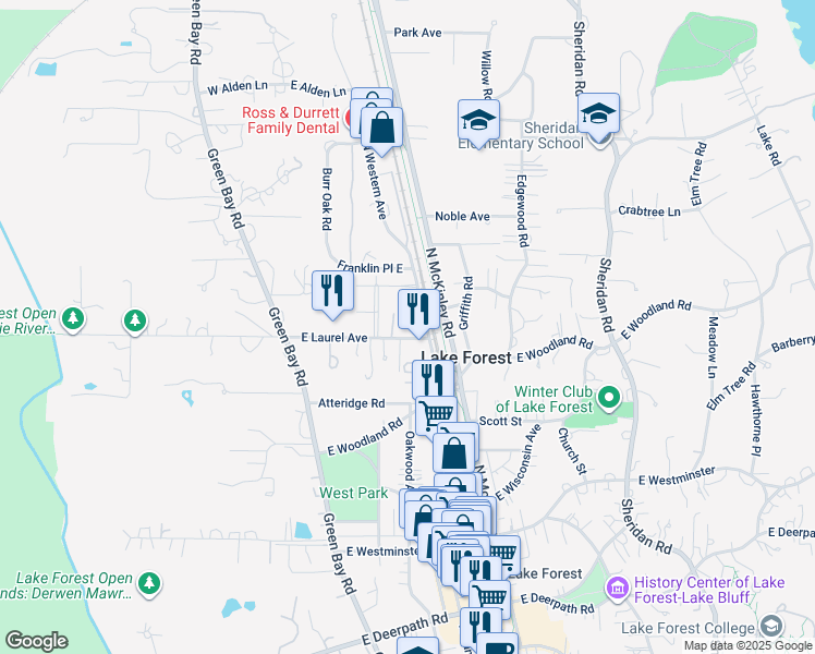 map of restaurants, bars, coffee shops, grocery stores, and more near 160 East Laurel Avenue in Lake Forest