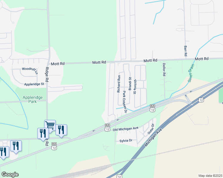 map of restaurants, bars, coffee shops, grocery stores, and more near 3944 Prescott in Ypsilanti