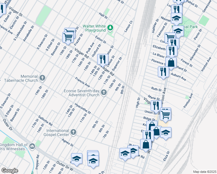 map of restaurants, bars, coffee shops, grocery stores, and more near 3780 10th Street in Ecorse