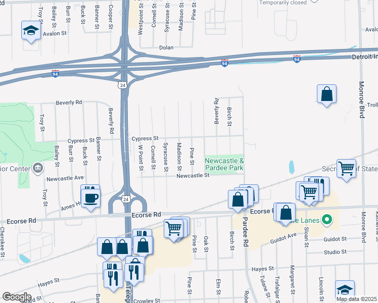 map of restaurants, bars, coffee shops, grocery stores, and more near 6664 Pine Street in Taylor