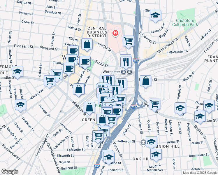 map of restaurants, bars, coffee shops, grocery stores, and more near 16 Temple Street in Worcester