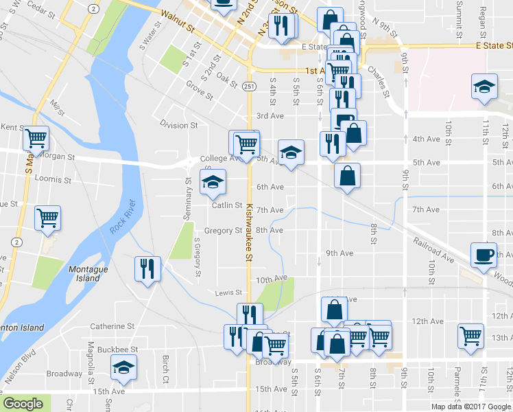 map of restaurants, bars, coffee shops, grocery stores, and more near 728 Kishwaukee Street in Rockford