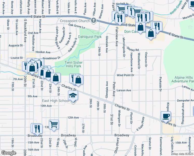 map of restaurants, bars, coffee shops, grocery stores, and more near 3211 Wind Point Drive in Rockford