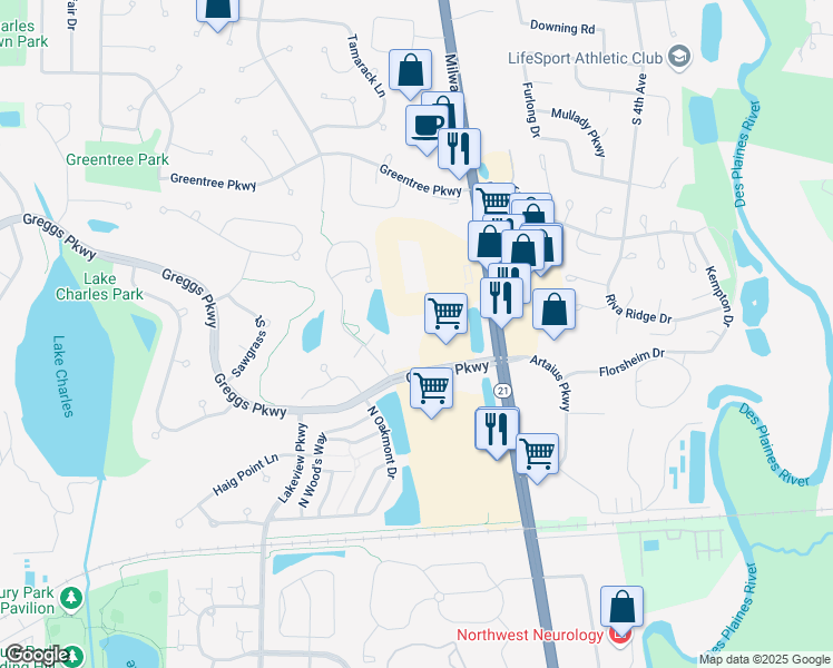 map of restaurants, bars, coffee shops, grocery stores, and more near in Vernon Hills