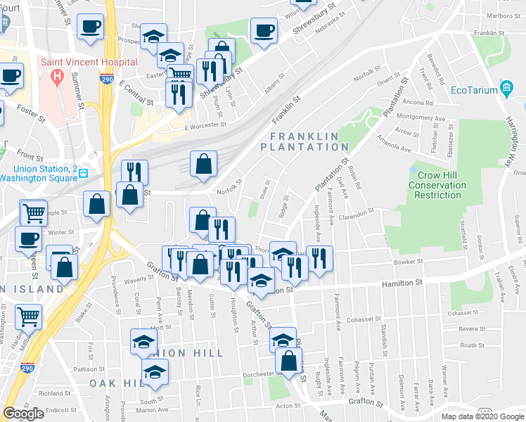 map of restaurants, bars, coffee shops, grocery stores, and more near 51 Orient Street in Worcester