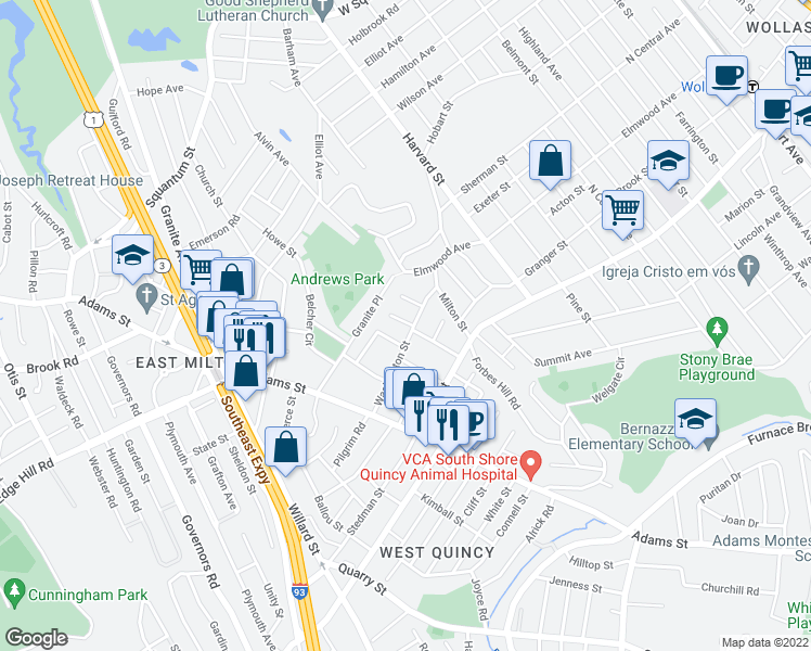 map of restaurants, bars, coffee shops, grocery stores, and more near 78 Washington Street in Milton