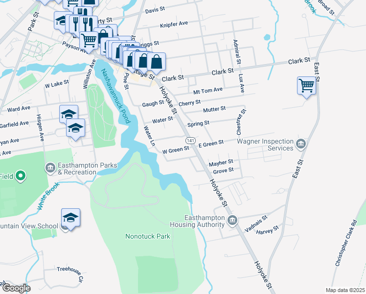 map of restaurants, bars, coffee shops, grocery stores, and more near 3 W Green St in Easthampton