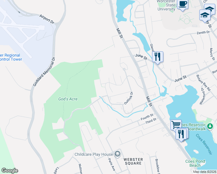 map of restaurants, bars, coffee shops, grocery stores, and more near 13 Passway 3 Street in Worcester