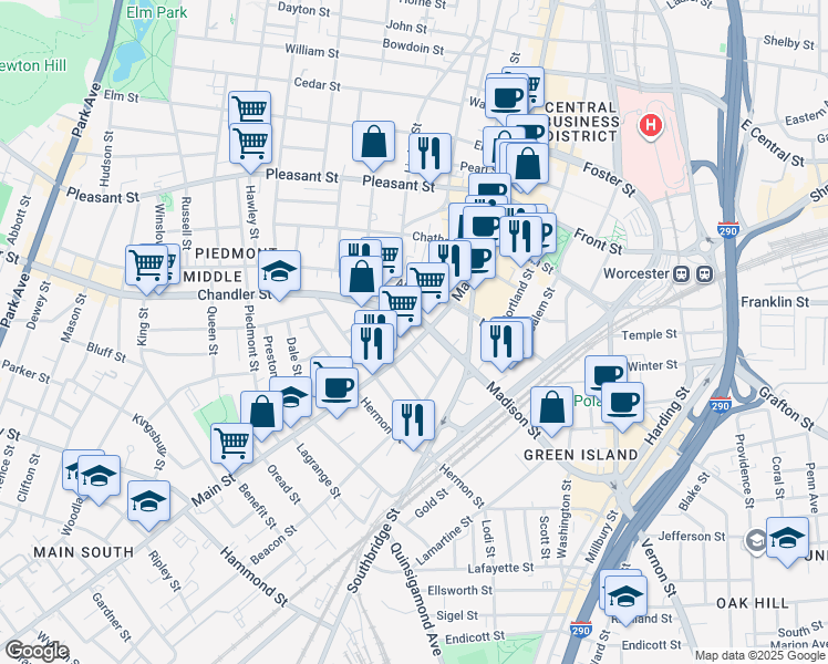 map of restaurants, bars, coffee shops, grocery stores, and more near 660 Main Street in Worcester