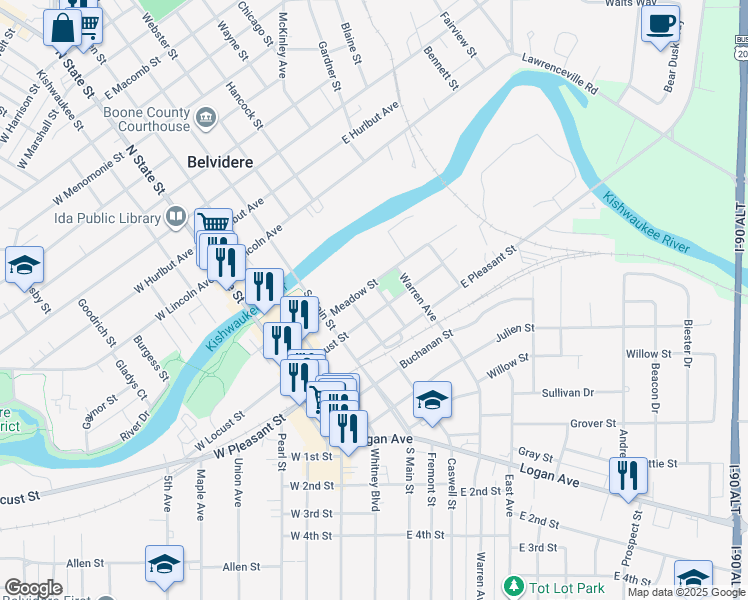 map of restaurants, bars, coffee shops, grocery stores, and more near 211 Nebraska Street in Belvidere