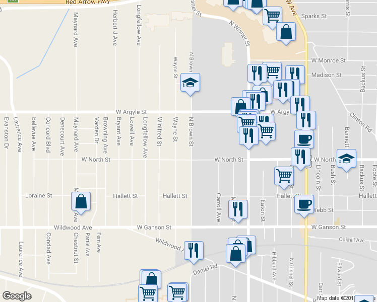 map of restaurants, bars, coffee shops, grocery stores, and more near 922 N Brown St in Jackson