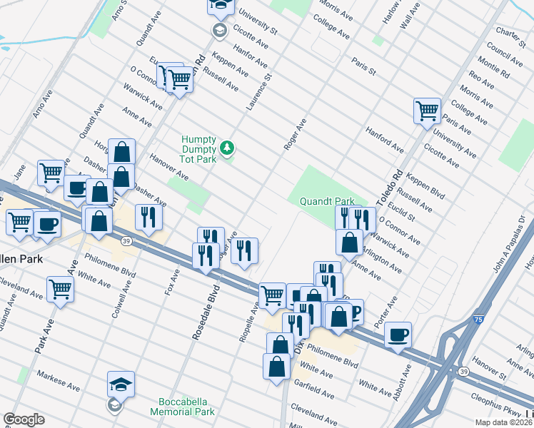 map of restaurants, bars, coffee shops, grocery stores, and more near 14609 Anne Avenue in Allen Park