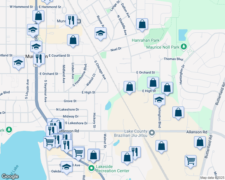 map of restaurants, bars, coffee shops, grocery stores, and more near 155 South Chicago Avenue in Mundelein