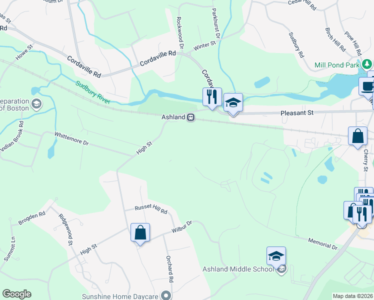 map of restaurants, bars, coffee shops, grocery stores, and more near 6 Cirrus Drive in Ashland