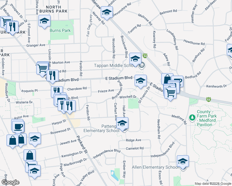 map of restaurants, bars, coffee shops, grocery stores, and more near 2012 Frieze Avenue in Ann Arbor