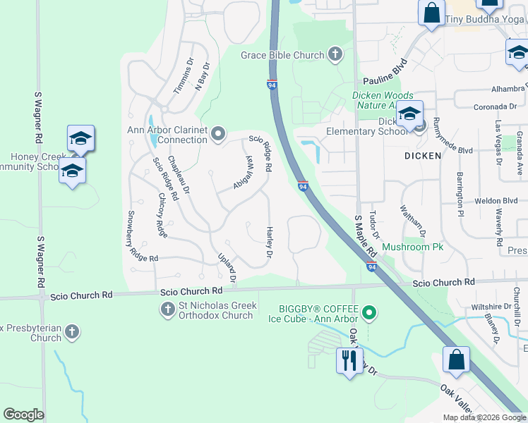 map of restaurants, bars, coffee shops, grocery stores, and more near 1782 Harley Drive in Ann Arbor