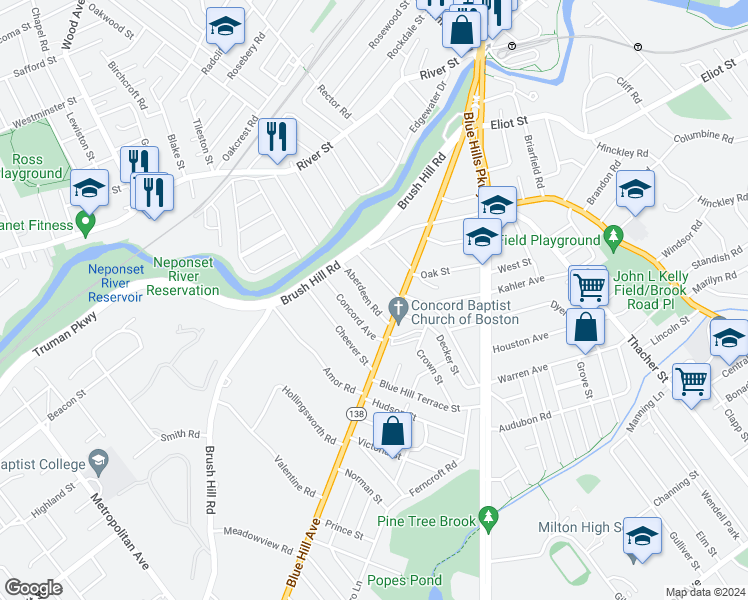 map of restaurants, bars, coffee shops, grocery stores, and more near 48 Aberdeen Road in Milton