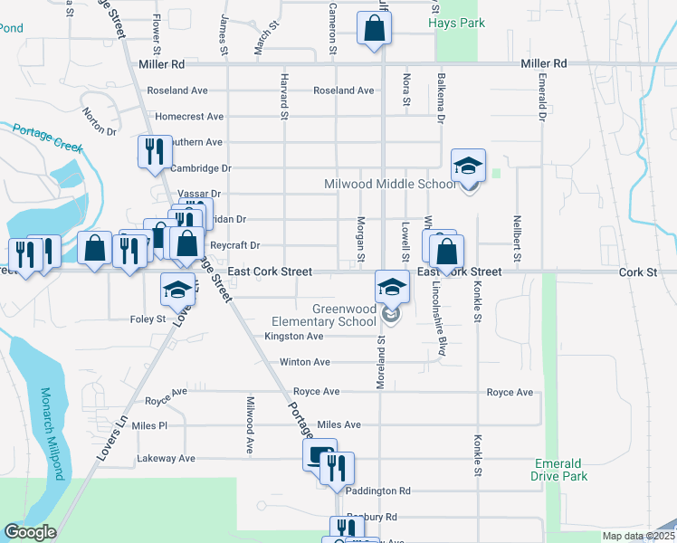 map of restaurants, bars, coffee shops, grocery stores, and more near Cork Street in Kalamazoo