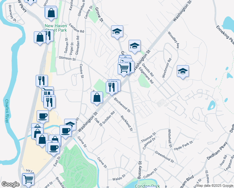 map of restaurants, bars, coffee shops, grocery stores, and more near 5252 Washington Street in Boston