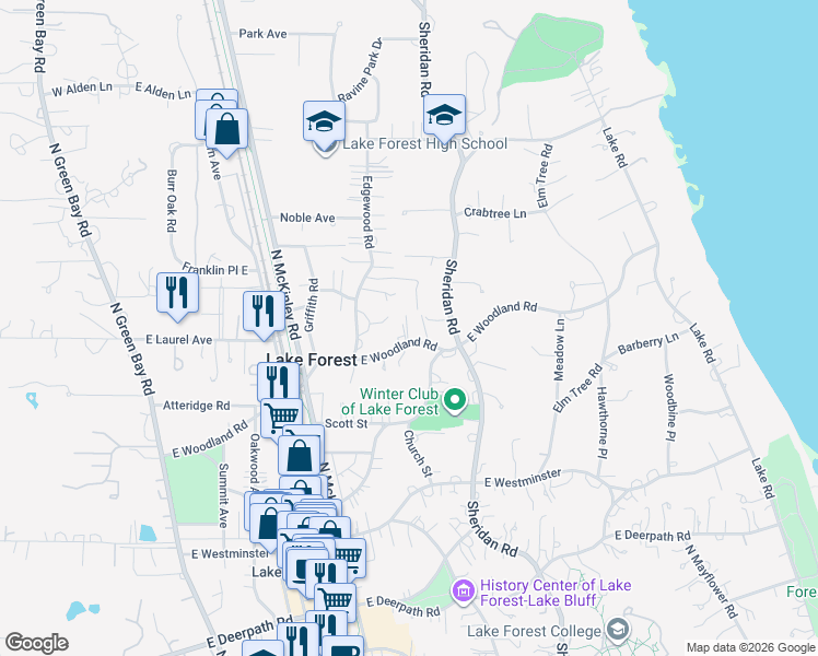 map of restaurants, bars, coffee shops, grocery stores, and more near 420 East Woodland Road in Lake Forest