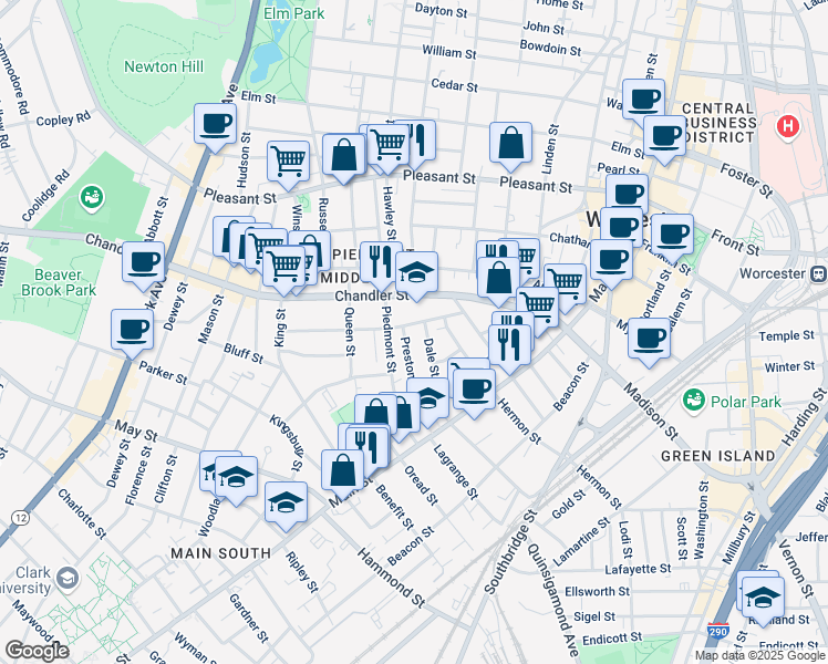 map of restaurants, bars, coffee shops, grocery stores, and more near 19 Jaques Avenue in Worcester