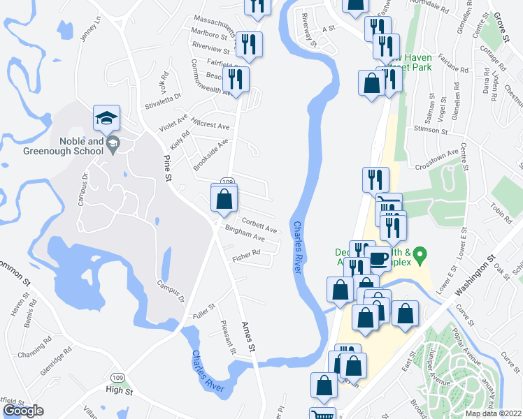 map of restaurants, bars, coffee shops, grocery stores, and more near 28 Farrington Avenue in Dedham