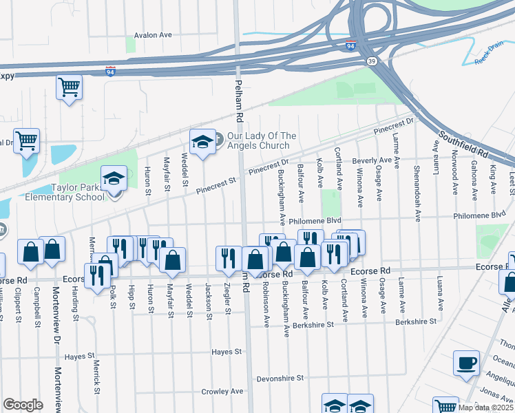 map of restaurants, bars, coffee shops, grocery stores, and more near 6616 Robinson Avenue in Allen Park