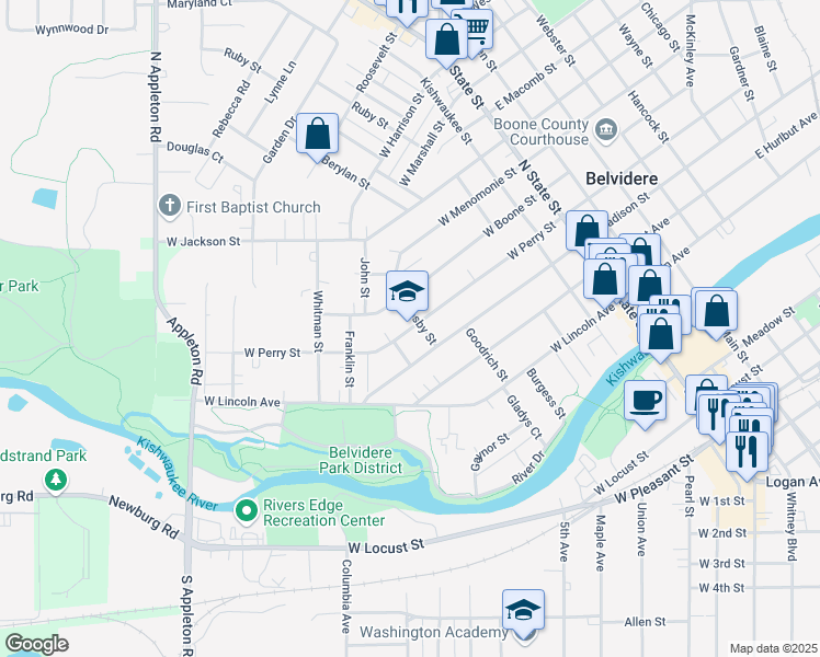 map of restaurants, bars, coffee shops, grocery stores, and more near 633 West Perry Street in Belvidere