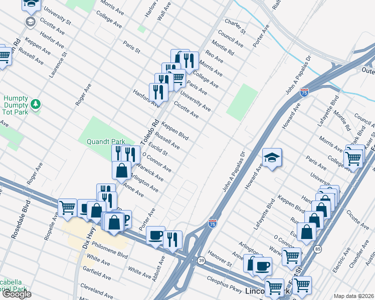 map of restaurants, bars, coffee shops, grocery stores, and more near 1808 Russell Avenue in Lincoln Park