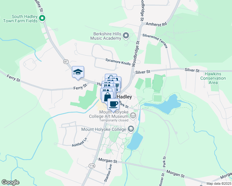 map of restaurants, bars, coffee shops, grocery stores, and more near 3 Hadley Street in South Hadley