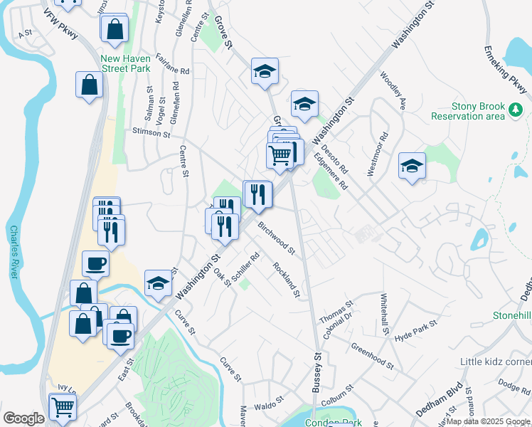 map of restaurants, bars, coffee shops, grocery stores, and more near Washington Street in West Roxbury