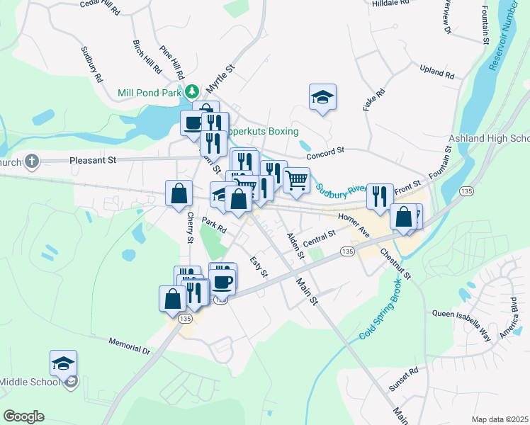 map of restaurants, bars, coffee shops, grocery stores, and more near 25 Homer Avenue in Ashland