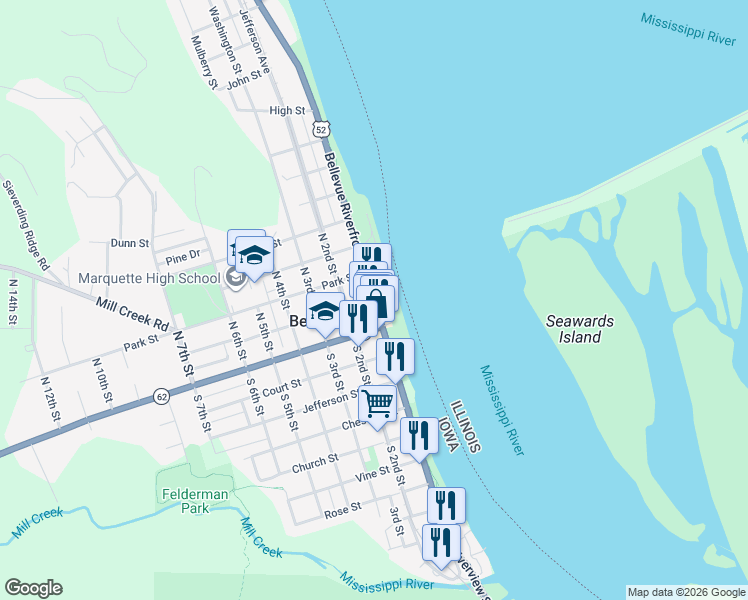 map of restaurants, bars, coffee shops, grocery stores, and more near 111 North Riverview Drive in Bellevue
