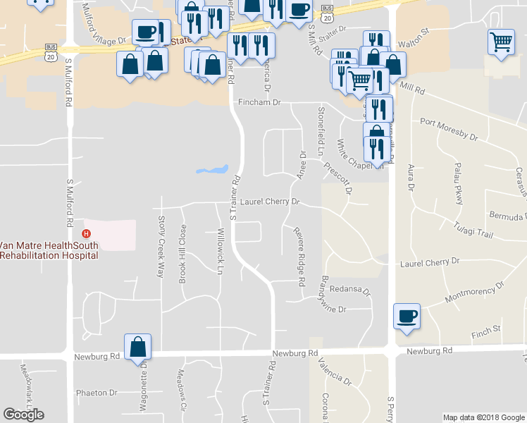 map of restaurants, bars, coffee shops, grocery stores, and more near 6567 Stonehill Way in Rockford