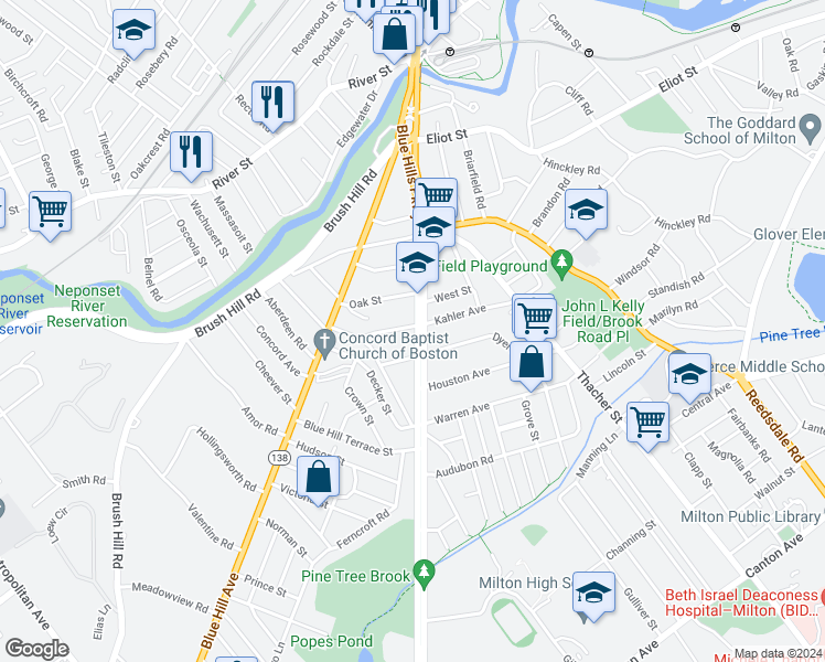 map of restaurants, bars, coffee shops, grocery stores, and more near 209 Blue Hills Parkway in Milton