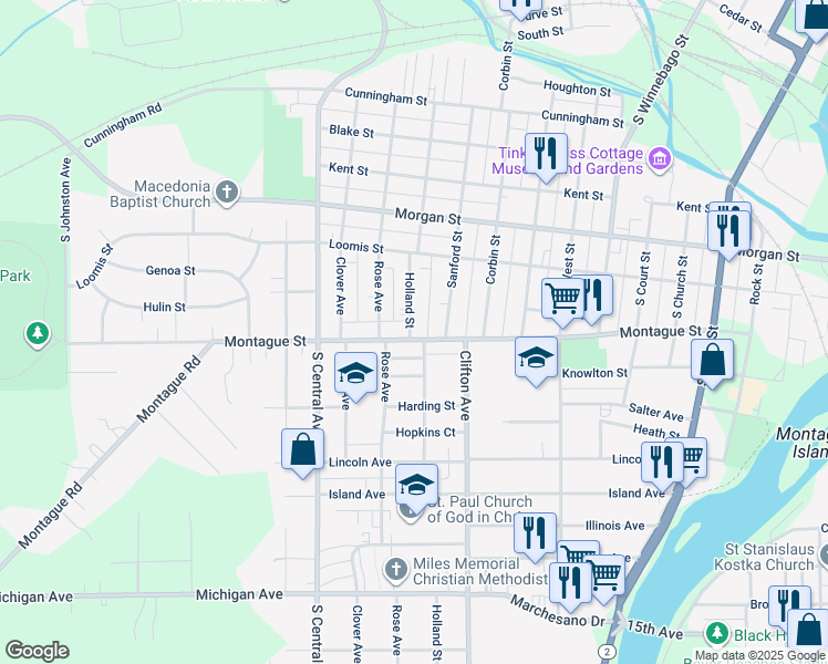 map of restaurants, bars, coffee shops, grocery stores, and more near 1021 Montague Street in Rockford