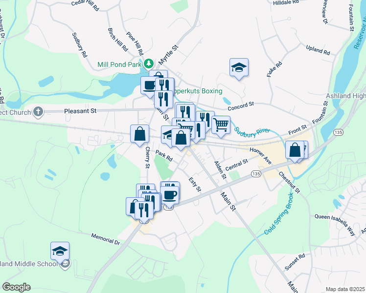map of restaurants, bars, coffee shops, grocery stores, and more near 193 Main Street in Ashland