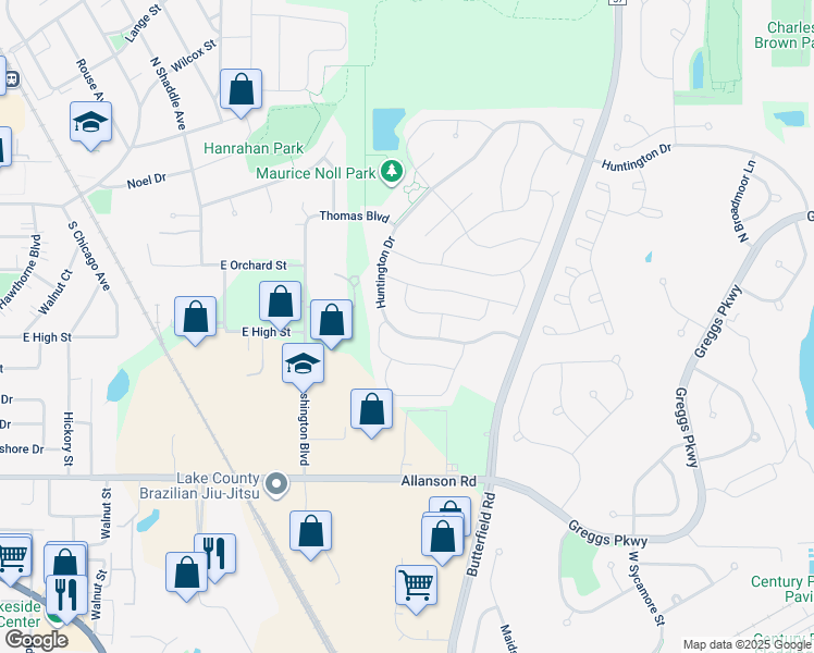 map of restaurants, bars, coffee shops, grocery stores, and more near 1247 Huntington Drive in Mundelein